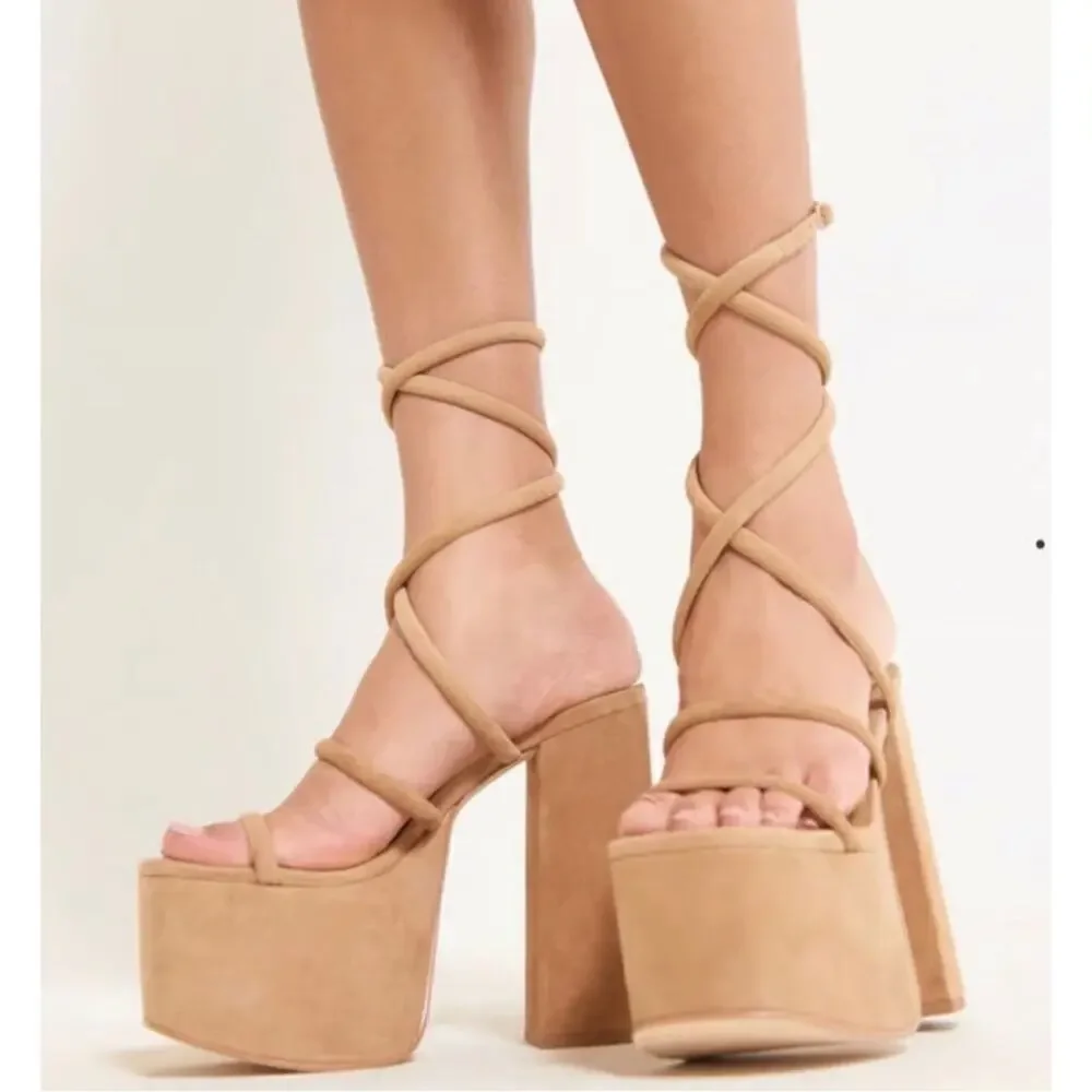 CULT GAIA Hyte Strappy Ankle Wrap Suede Leather Camel Platform Heels Size 8.5